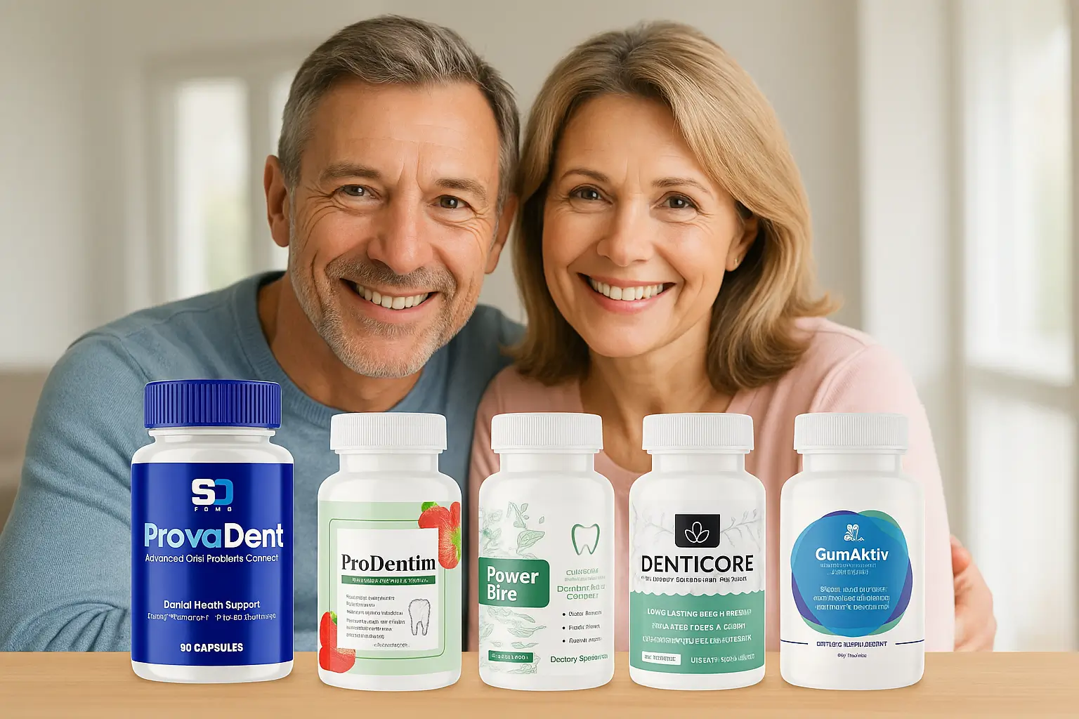 Top 5 supplements for teeth and gum health on a table with a happy middle-aged couple