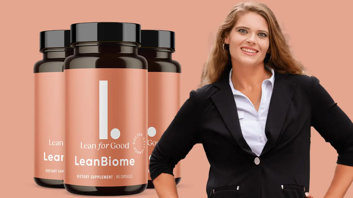 Meghan holding LeanBiome bottle with three supplement jars in the background