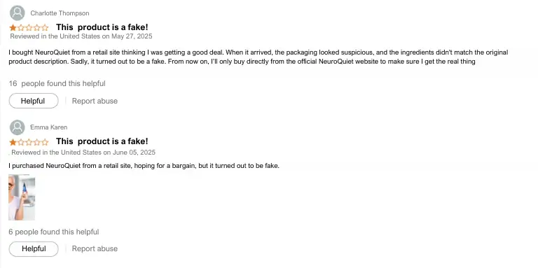 Customer review warning about fake NeuroQuiet on retail site